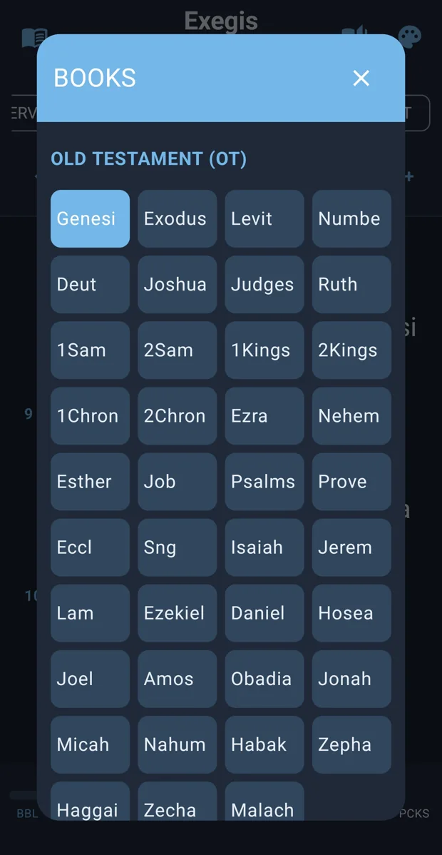 Exegis Android canonical Old Testament book selector in night theme
